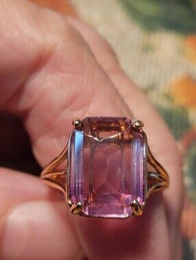 Avon Size 8 Gold-Tone Ring with Purple Pink Emerald-Cut Stone